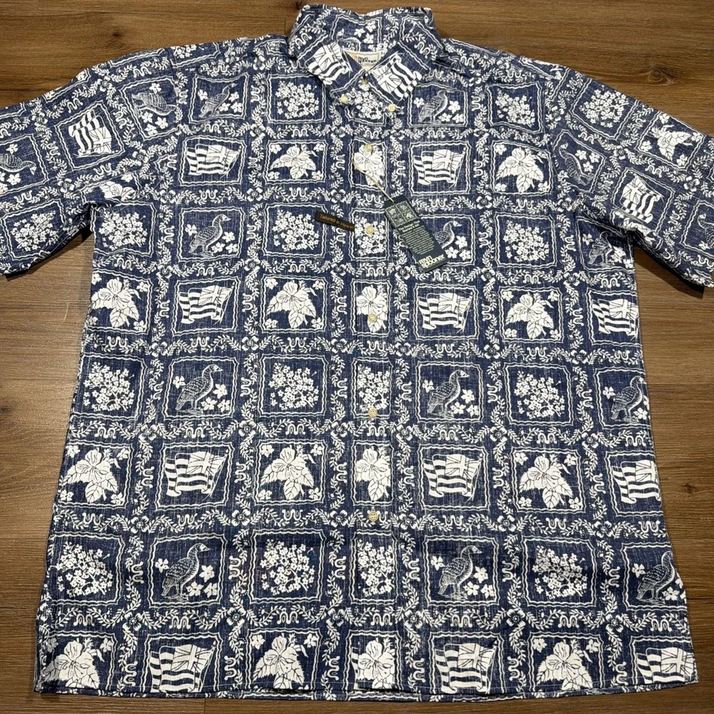 REYN SPOONER Shirt HAWAIIAN Size 2XL Cotton Polyester LAHAINA Denim Blue NWT